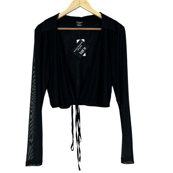 NWT Bar III x Nicole Williams Sheer Tie Front Top L Black Mesh Long Sleeve - Picture 1 of 6